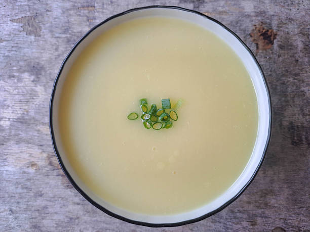 Yummy Corn Soup In Bowl. Food Menu. Top View.