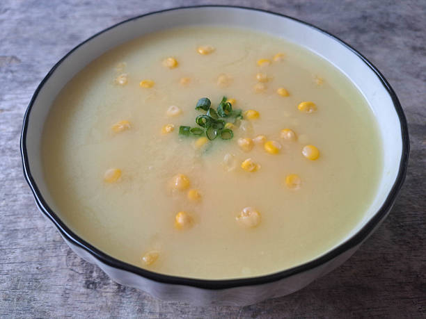 Tasty Corn Soup In Bowl. Food Menu.