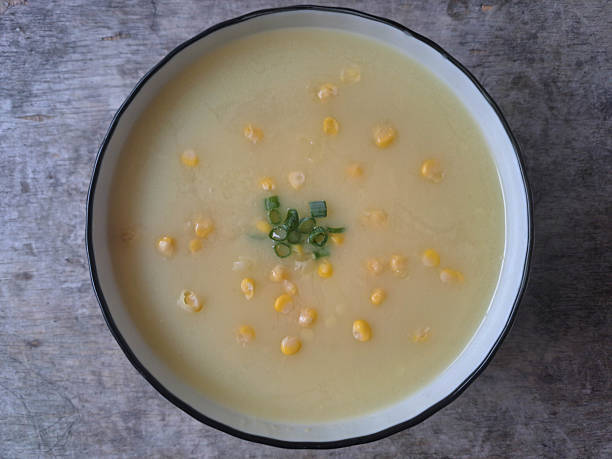 Delicious Corn Soup In Bowl. Food Menu. Top View.