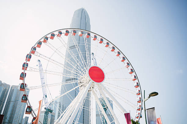 Looking up at the huge white Ferris wheel, Hong Kong