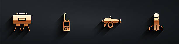 istock Set Military mine, Walkie talkie, Cannon and Rocket icon with long shadow. Vector 2210155128