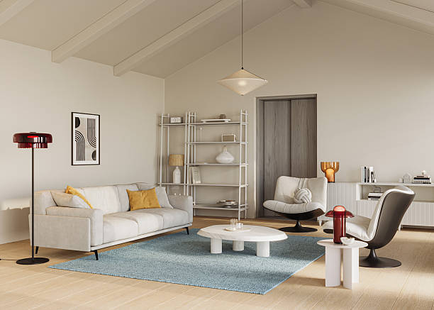 istock Bright, inviting living room with high ceilings, soft lighting, and comfy furniture, 3d rendering 2210155867