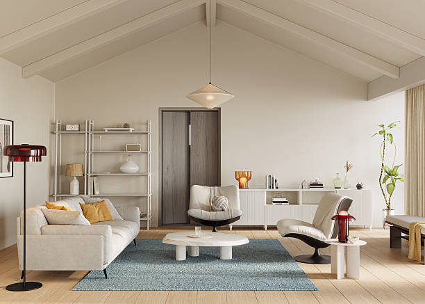 istock Bright, inviting living room with high ceilings, soft lighting, and comfy furniture, 3d rendering 2210155868