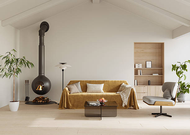 istock Bright, inviting living room with high ceilings, soft lighting, and comfy furniture, 3d rendering 2210155933