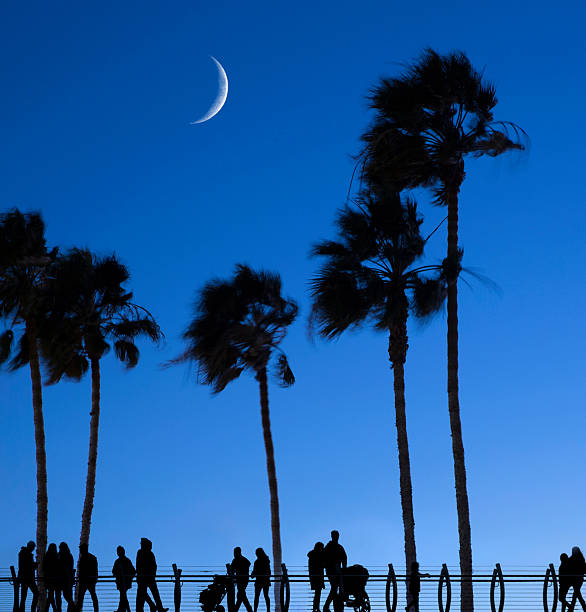 USA California, Los Angeles  crowd out for a walk near beach at sunset