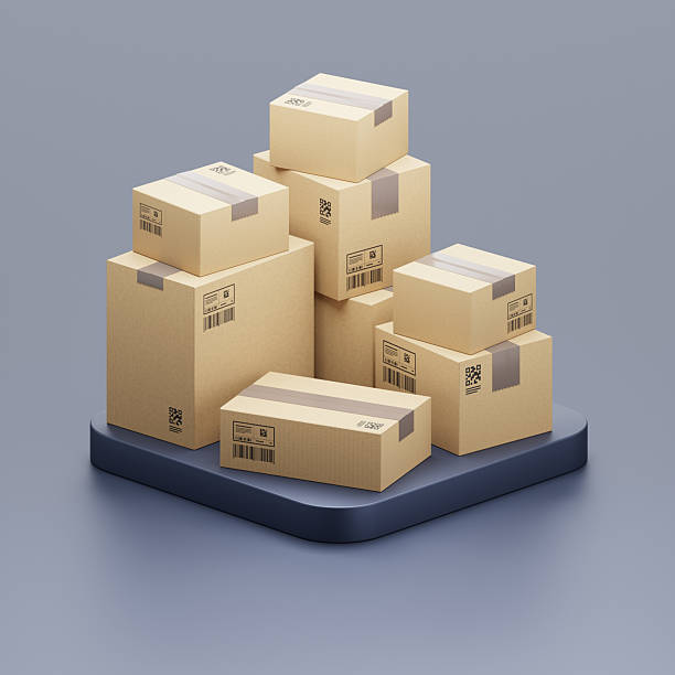 istock Stacked Shipping Boxes on Podium With Barcode and Details in Minimalist Setting 2210162893