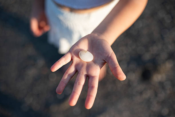 A child's hand holds a stone on the riverbank