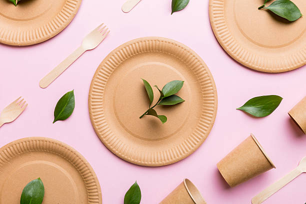 istock set of empty reusable disposable eco-friendly plates, cups, utensils on light white colored table background. top view. Biodegradable craft dishes. Recycling concept. Close-up 2210168884
