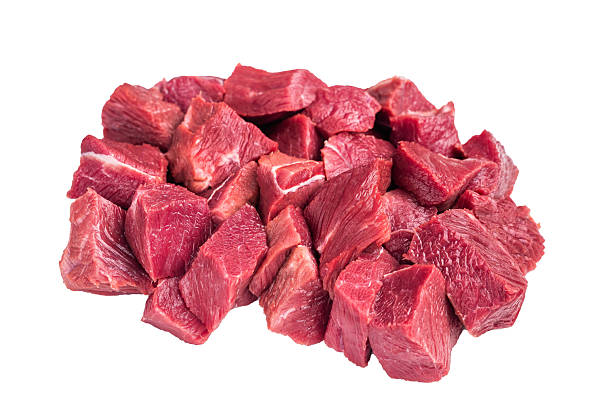 istock Diced Raw Ostrich meat, uncooked Game Meat isolated on white background. top view 2210169481