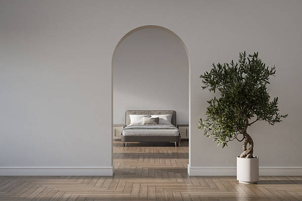 istock Empty white wall with arched entry and furniture decoration. 2210172968