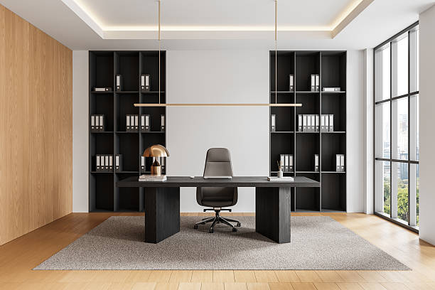 istock Modern executive office interior with minimalist design and natural lighting. 3D Rendering 2210178114