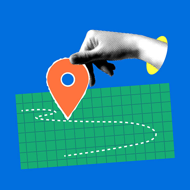 Halftone hand holding navigation sign. Modern collage with red location pin symbol. Destination sign on the map. Travel concept