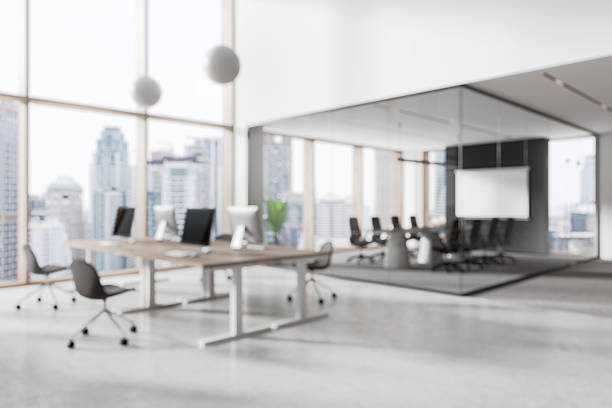 istock Modern office interior with conference room and city view. 3D Rendering 2210179122