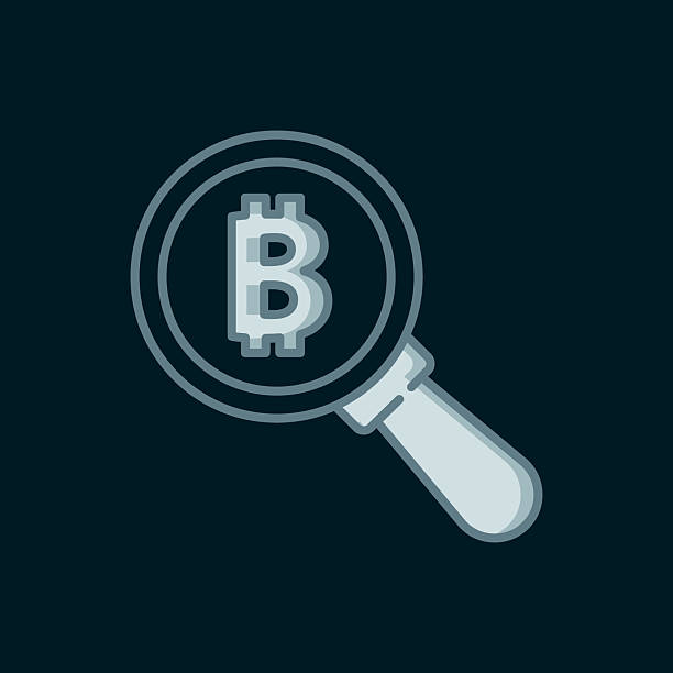 istock Line Magnifying glass with Bitcoin icon isolated on black background. Physical bit coin. Blockchain based secure crypto currency. Flat filled outline style with shadow. Vector 2210180934