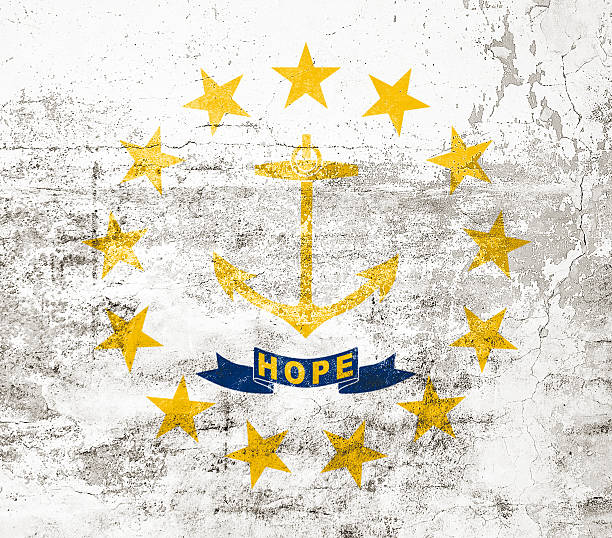 Rhode Island State Flag. Dirty Rhode Island state flag on the wall. Grunge wall texture