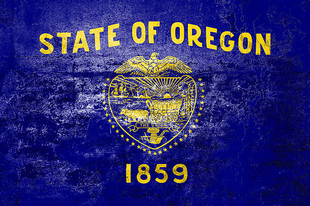 Oregon State Flag. Dirty Oregon state flag on the wall. Grunge wall texture