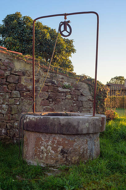Stone and metal well in a field