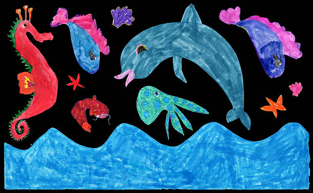 istock Hand drawn by colored pencils dolphin, sea animals and fishes isolated on a black background 2210190362