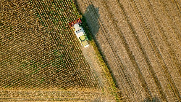 istock Aerial view on combine, harvester machine, harvest ripe maize 2210192935