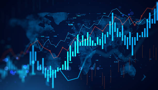 istock Abstract digital chart with glowing bar graphs and lines over world map background representing global financial technology concept. 3D Rendering 2210193341