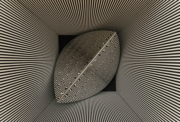 A textured oval shape is centrally placed against a black backdrop, with bold radial lines extending outward in black and white. The design creates a dynamic visual effect that draws attention.