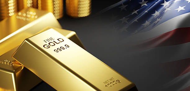 istock Gold bars and coins with American flag on black background 3D render 2210196593