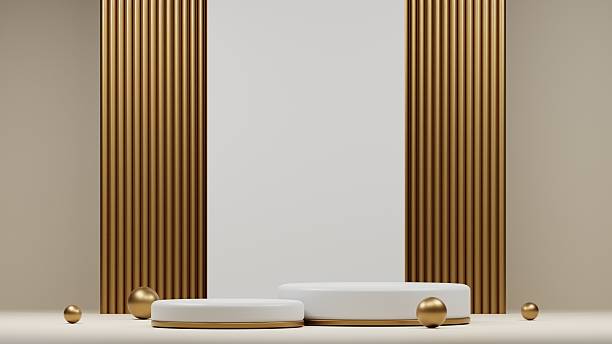 istock elegant golden podium mockup display, empty pedestal with minimal white geometric background, 3D Illustration 2210197411