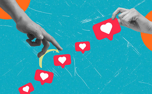 istock Modern art art collage featuring bouncing fingers over heart icons on a blue background. 2210200473