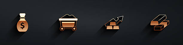 istock Set Old money bag, Mine cart with gold, Growth arrow bars and Gold exchange icon with long shadow. Vector 2210201433