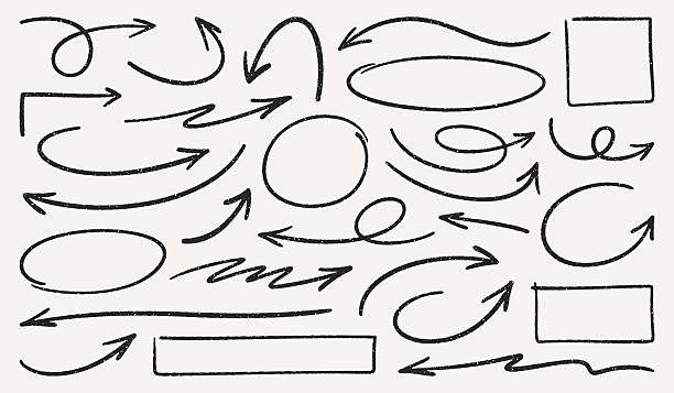Illustration of hand drawn arrows, frames, boxes and circles. Marker drawing. Scribbled textured arrows and frames.