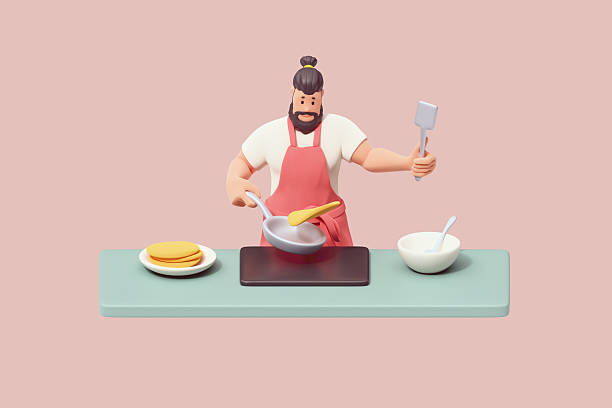 3d render of young casual muscular cute funny kawaii handsome smiling bearded brunette man in t-shirt, red apron happily cooking pancakes for family in his kitchen at home in morning pastel background