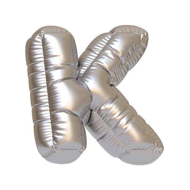 Glossy silver foil balloon in the shape of the letter K isolated on a white background, perfect for celebrations and events. 3D render illustration