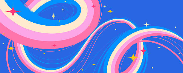 Vibrant Cosmic Swirls with Neon Colors and Stars on Blue Background. Playful design with groovy curves and waves. Great for music visuals, modern posters, web and branding. Vector illustration
