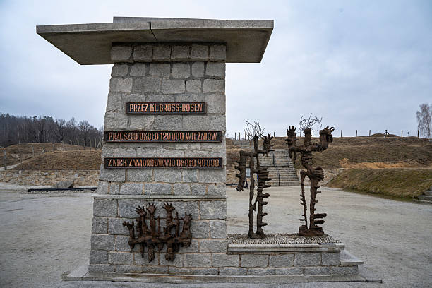 23 February 2025, Rogoźnica, Poland. A monument at Gross-Rosen honors the memory of over 120,000 prisoners, 40,000 of whom were murdered in the Nazi concentration camp during World War II.