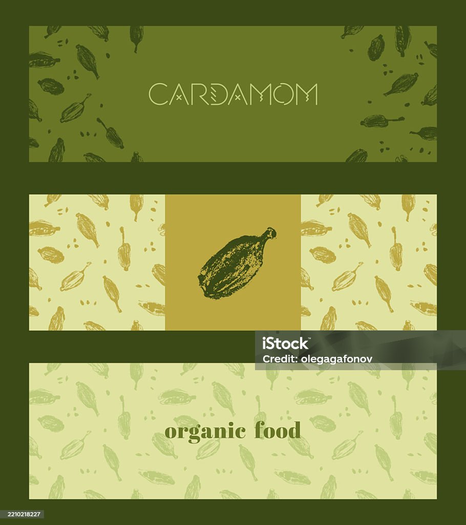 Cardanmon Tea Vector Vector Set Of Horizontal Cardamom Labels With Hand Drawn Spice ...