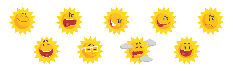 Sun Rays Funny Funny Sun Character With Rays And Face Emotion Vector Set Stock ...