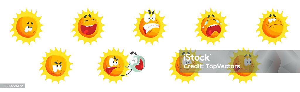 Sun Rays Funny Funny Sun Character With Rays And Face Emotion Vector Set Stock ...