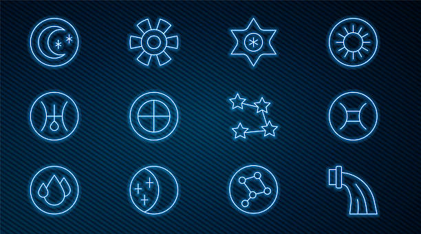 istock Set line Aquarius zodiac, Gemini, Falling star, Earth globe, Symbol Uranus, Moon and stars, Star constellation and Sun icon. Vector 2210223503