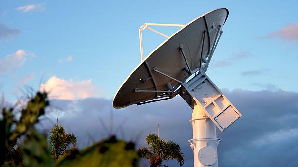 istock Large satellite dish pointing at the sky during sunset 2210225631