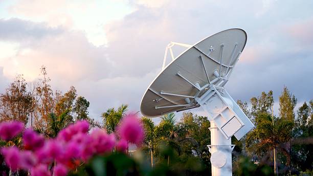 istock Parabolic antenna pointing at the sky in a tropical environment 2210225644