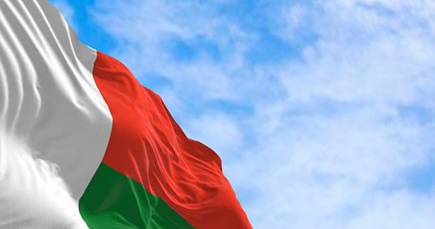 istock Malagasy flag of Madagascar waving in wind on clear blue sky. 3D render 2210231037