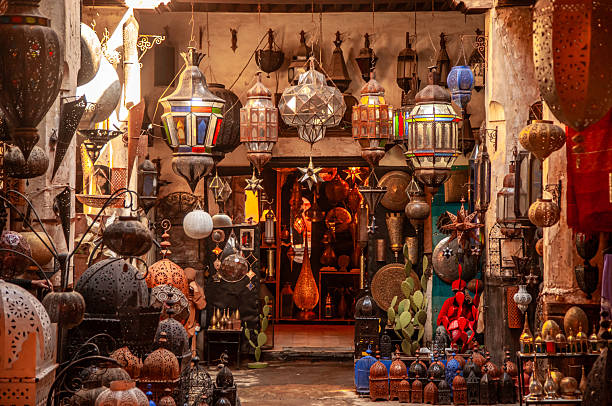Lamp store in Marrakesh souk, showing colourful lamps hanging