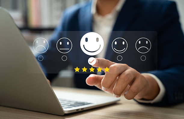 istock Customer satisfaction survey concept, Businessman using laptop touch happy smiley icon, 5 star service experience rating, Feedback, Online review, Online application, Quality satisfaction review. 2210234167