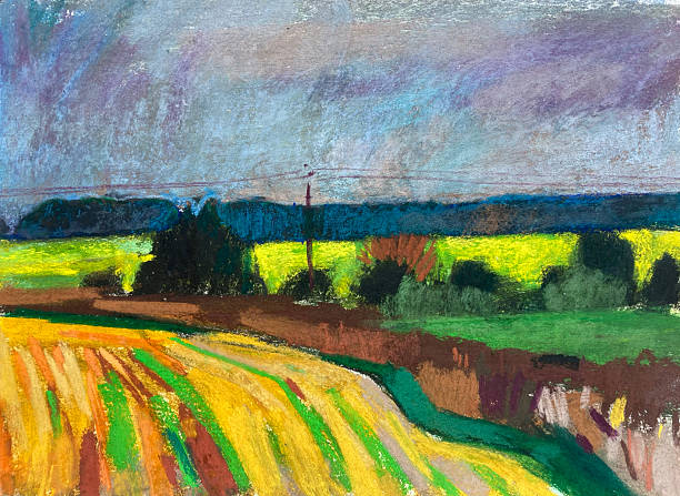 istock Pastel landscape of colorful rural fields under a cloudy sky with vibrant green and yellow tones. 2210237110