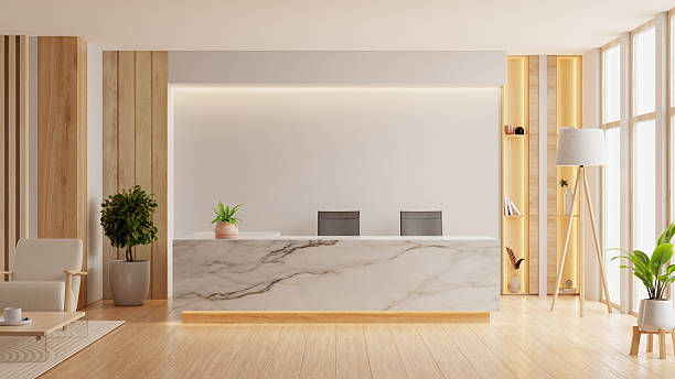 Modern minimalist reception area featuring a marble front desk, wooden slat wall accents, natural lighting- 3D rendering