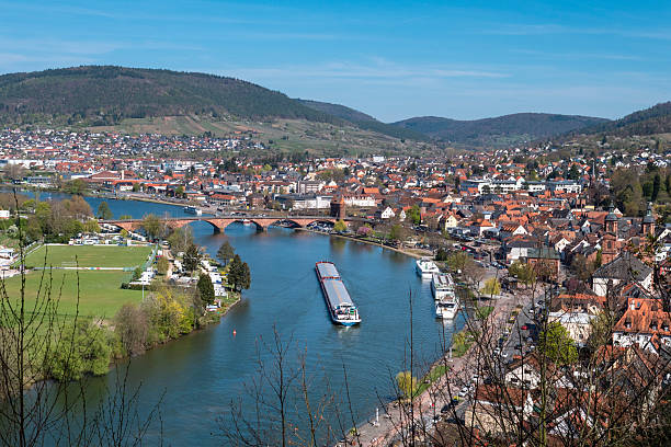 An elevated view of the medieval old town of Miltenberg, Bavaria, nestled along the Main River.