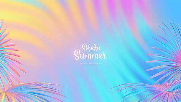 istock Summer gradient background with tropical leaves. Bright colorful summer colors. Sunset and sunrise sky colors. Blue, purple, orange, pink, yellow. Great for covers, poster, banner. Vector illustration 2210245854