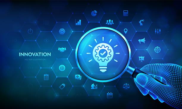 Innovation. Business innovative idea and solution technology concept with magnifier in wireframe hand and icons. Creative Idea, inspiration. Brainstorming. Creative Thinking. Vector illustration. Innovation. Business innovative idea and solution technology concept with magnifier in wireframe hand and icons. Creative Idea, inspiration. Brainstorming. Creative Thinking. Vector illustration Image Recognition Technology Market Trends: Emerging Innovations and Dynamics stock illustrations