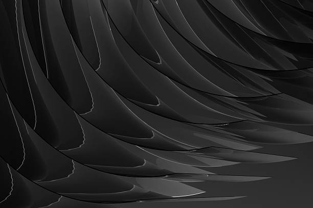 Contemporary abstract black background, pattern - thin curved black glass stripes, layered, reflection, dark gradient color. 3D rendering. Geometric minimalist design with energy, dynamic, rich vibe.