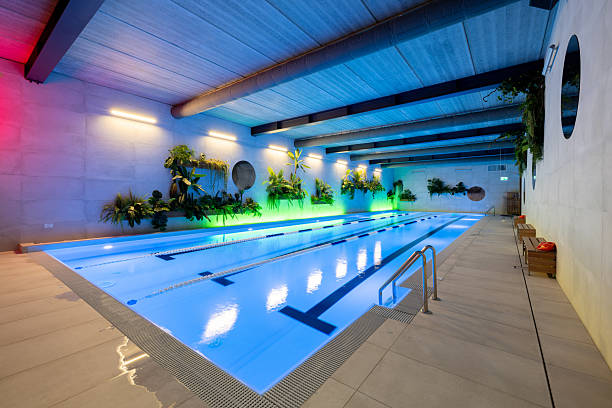 istock Modern Indoor Swimming Pool with Plants and Vibrant Lighting 2210258558